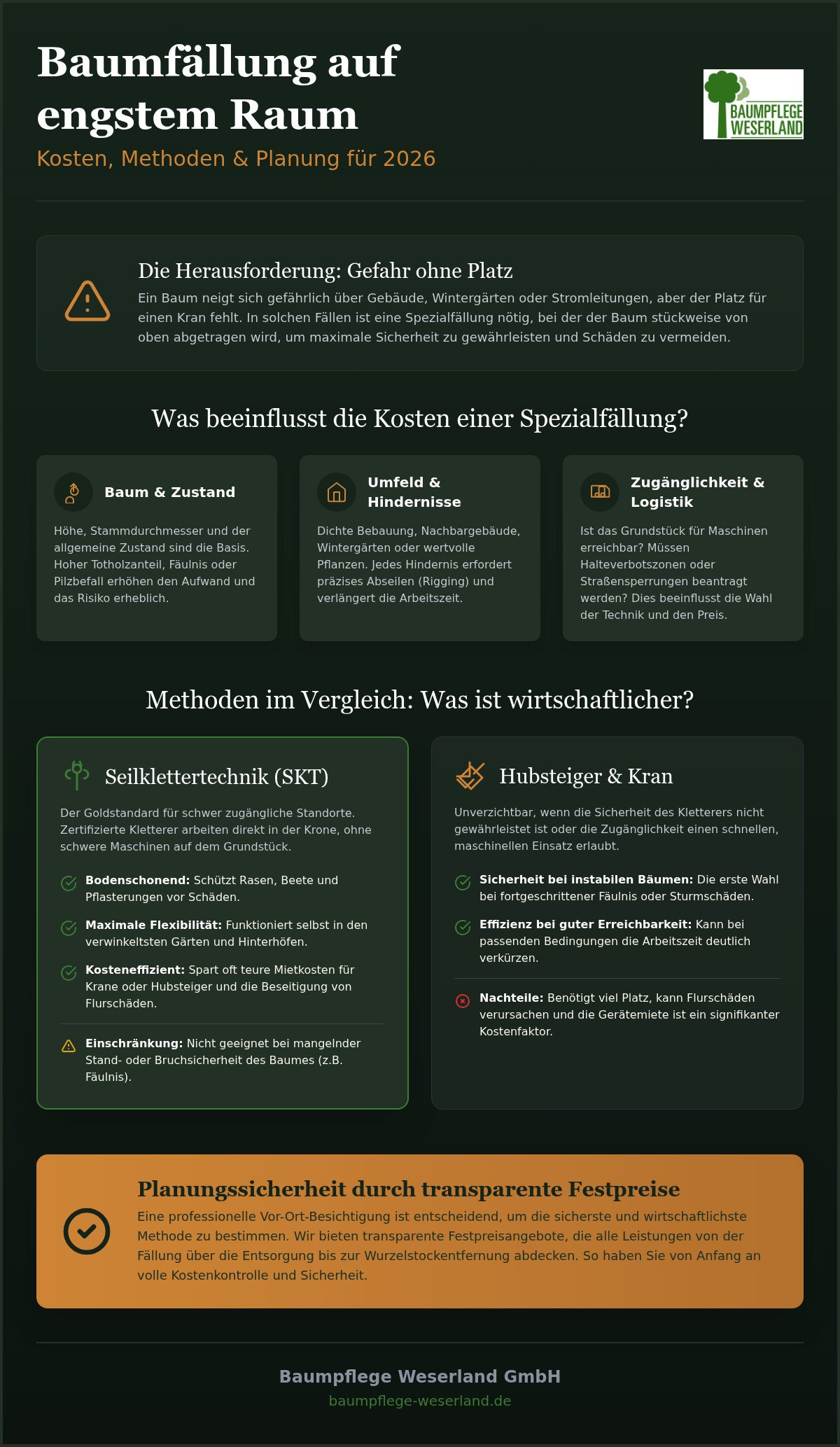 Baumfällung auf engstem Raum: Kosten, Methoden & Experten-Tipps 2026